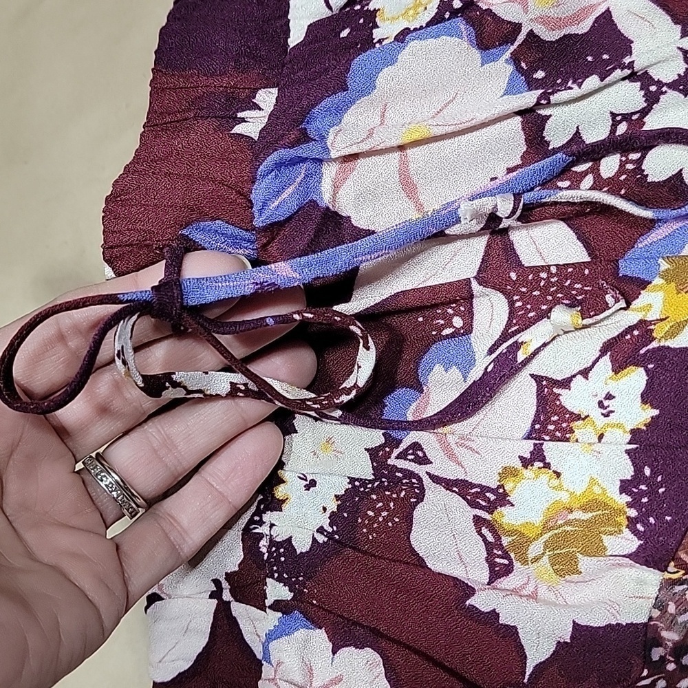 Mossimo Size XS Burgundy Floral Ruffle Midi Skirt Asymmetrical Hem, NEW with Tag - Picture 11 of 13